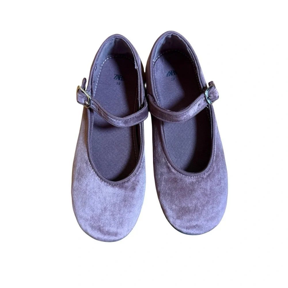 ZARA Girls Purple Velvet Mary Jane Flats Buckle Dress Shoes EU 32 US 1–2